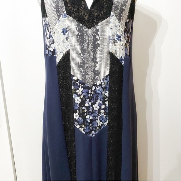 𝅺BCBGMAXAZRIA RUNWAY ZUZANA NAVY LACE FLORAL PATCHWORK SLEEVELESS BOHO DRESS - Picture 6 of 11